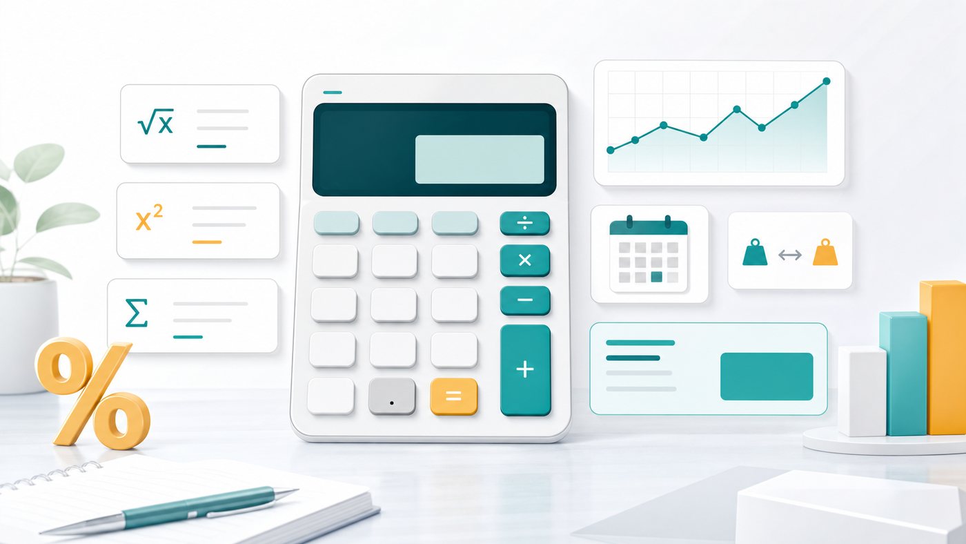 Calculator dashboard illustration with formula cards, charts, date and unit conversion symbols